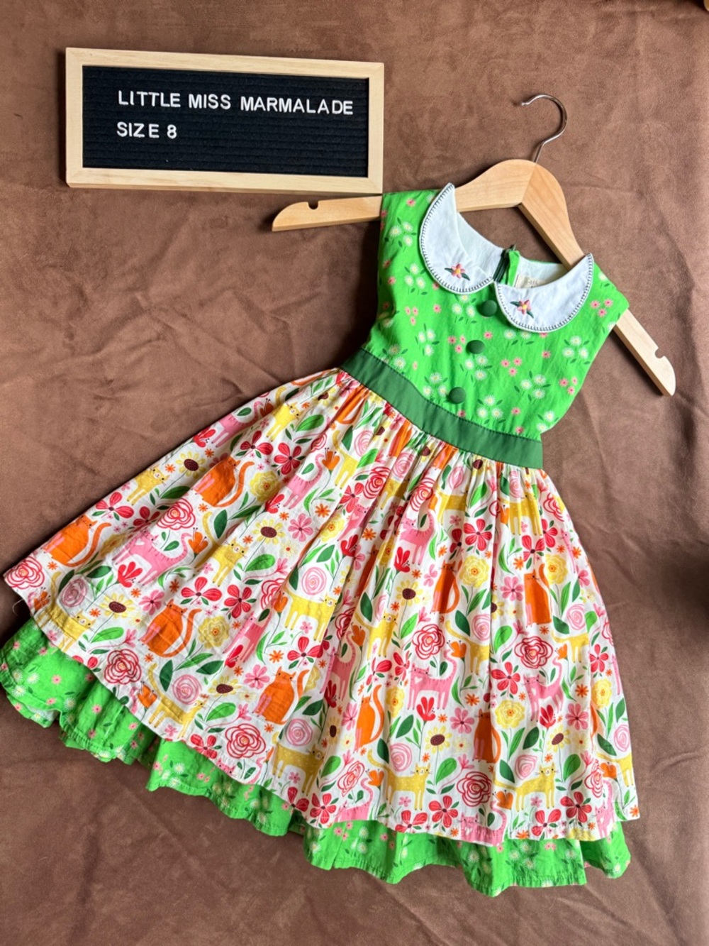 Little Miss Marmalade Green Cotton Cat Dress w/ Peterpan Collar